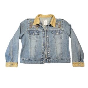 Vtg Faded Glory Denim Jacket XL Blue Embroidered Faux Suede Collar Cuff Y2K Boho